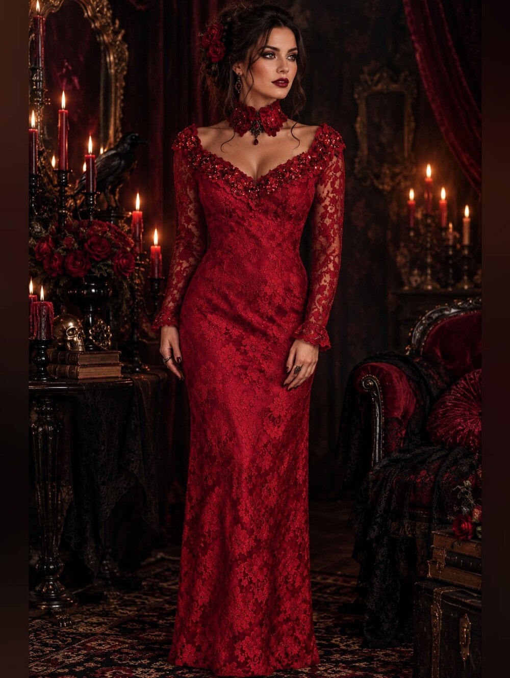VTG 80s Loralie Original Red Lace Sequin Prom Dress Formal Gown Choker Neck Sz 6